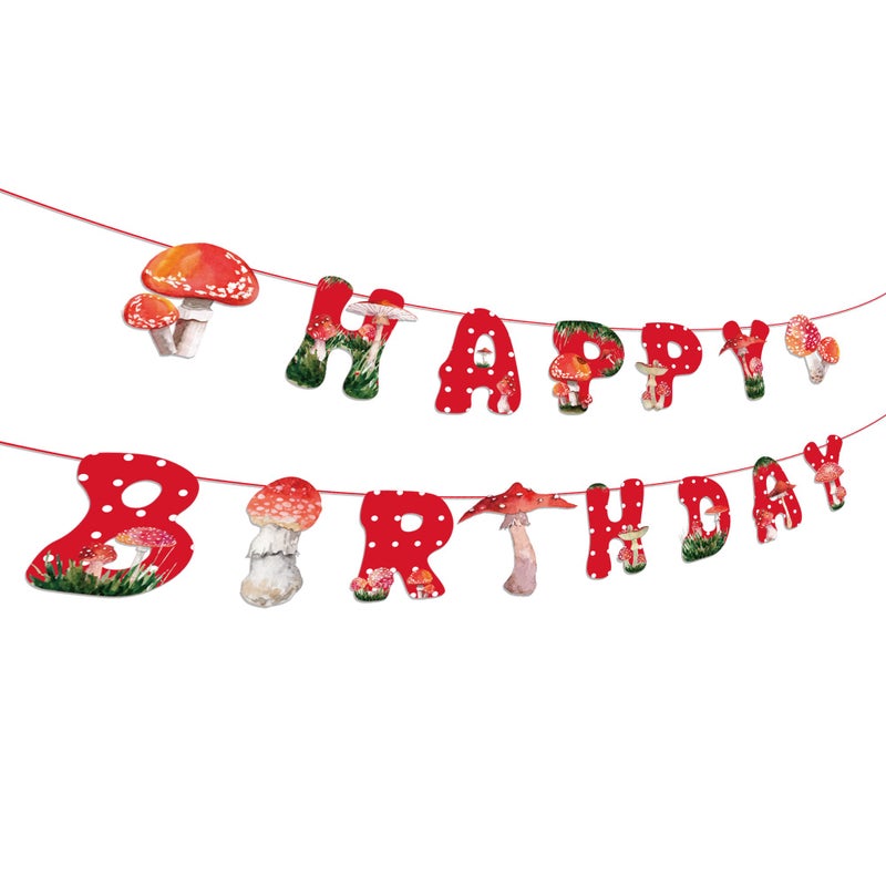 CC HOME Red Mushroom Happy Birthday Banner, Watercolor Mushroom Banner, Colorful Mushroom Theme Boys Girls Kids Home Classroom Baby Showers 1st Birthday Party Decorations Supplies - Image 2